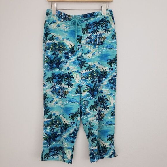 Vintage ELCC Women's Silk Tropical Pants Blue Medium Cropped Leg Beachy - Picture 1 of 9